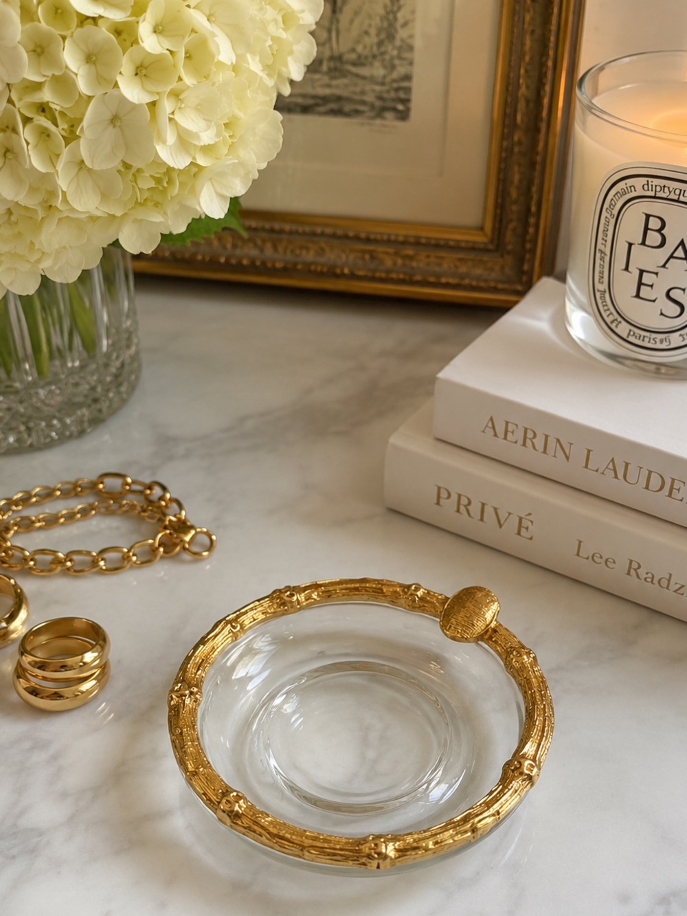 Vintage Gold Bamboo Glass Ashtray / Trinket Dish | Hollywood Regency MCM Vanity